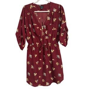 NWT Women's L Cottagecore Floral Polka Dot V‎ Gold Zip Elastic Tie Waist Dress